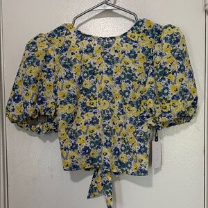 Astr Yellow and Blue Floral Puff Sleeve Blouse
